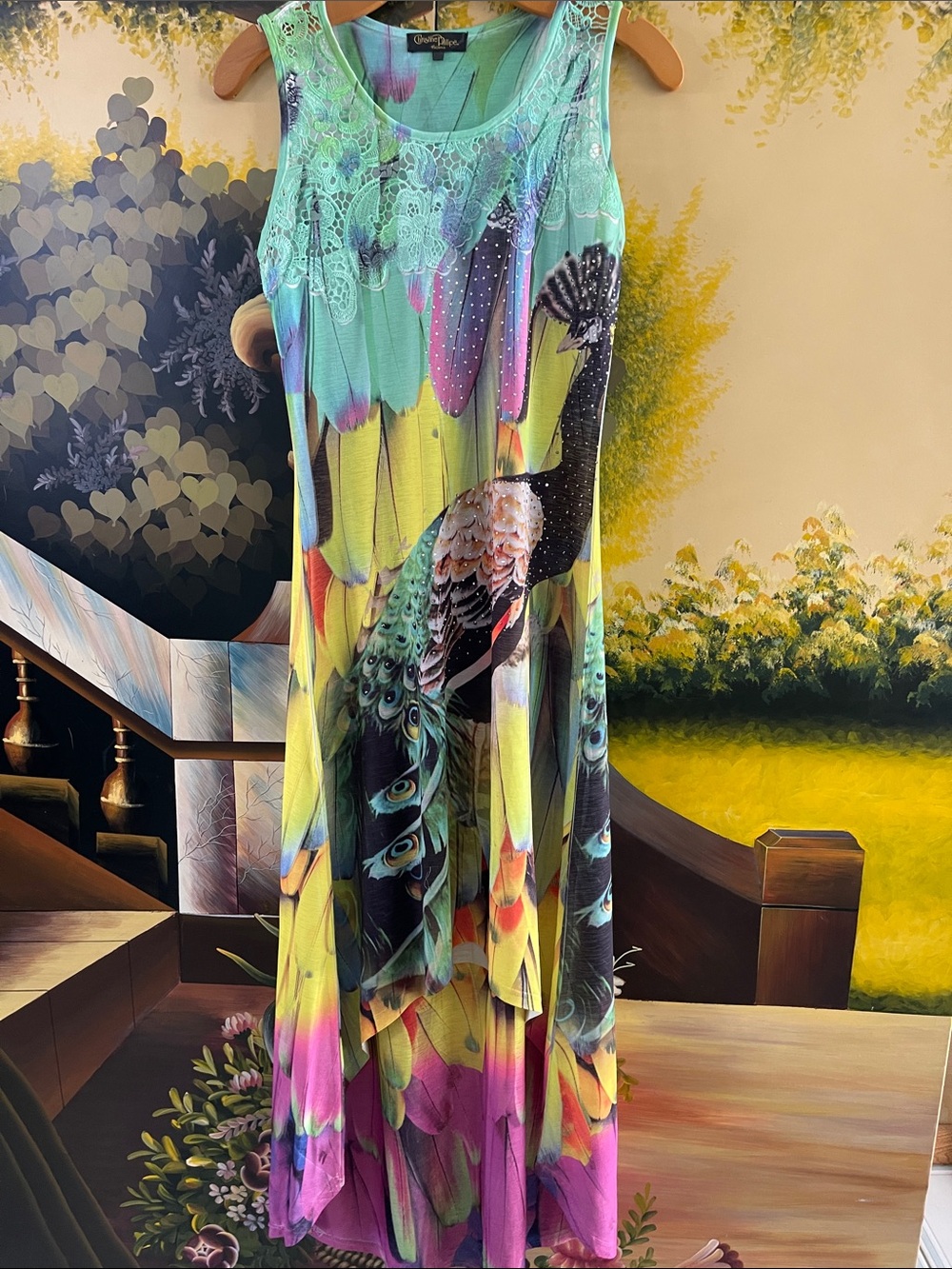 Christine Phillipe maxi dress with peacock design